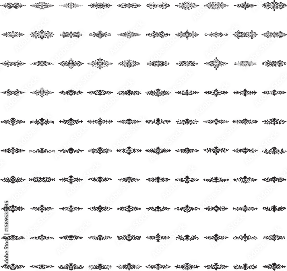 Fototapeta premium Black horizontal flourish borders in vector with transparencyBlack horizontal flourish borders in vector with transparency