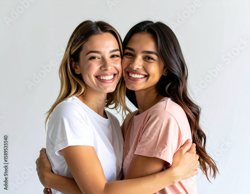 Dos mujeres buenas amigas abrazadas felices y sonrientes en el dia internacional del abrazo
