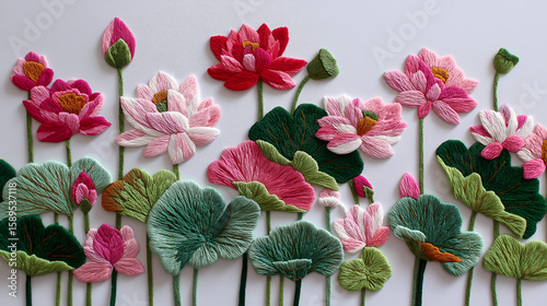 Handmade embroidery, various lotus patterns, pink, red, light pink, DIY style embroidery design, 3D embroidery texture on white background