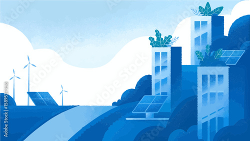 Eco-Futurism cityscape where buildings are covered in greenery and powered by renewable energy