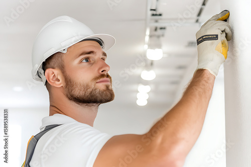 Man in hard hat checking wall. White room, lights, and construction overalls. Professional worker inspects with gloved hand, quality control.