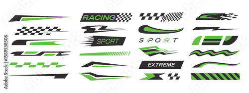 Racing sport stripes and flames stickers decals set, extreme sports racing flags, sport car and motorbike design elements
