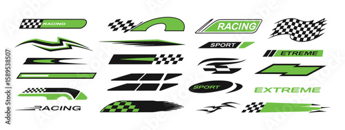 Racing decals vector set featuring sport stripes, flames, extreme sports racing flags, and design elements for sport cars and motorbikes, perfect for motorsport and racing events

