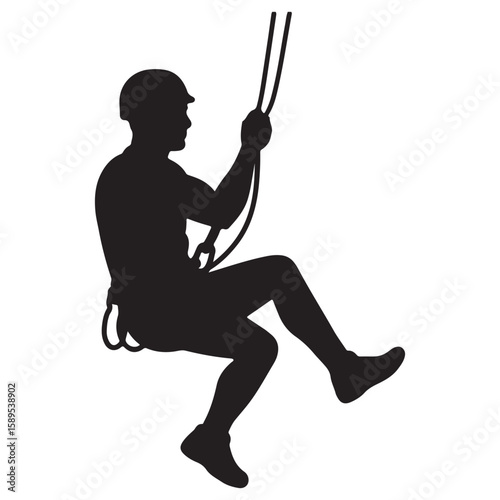 Silhouette of Man Ziplining with Harness and Helmet in Adventure Pose

