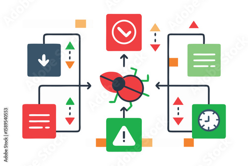 Software bug illustration depicting debugging process and development workflow elements on white background