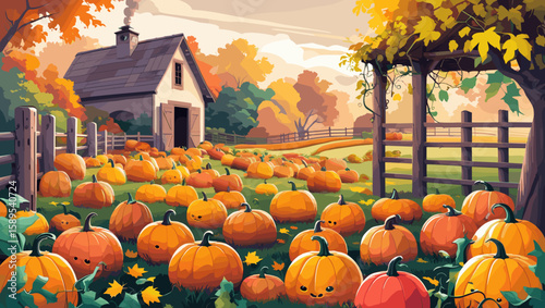 Pumpkin patch with smiling pumpkins in a vibrant autumn landscape near a rustic farmhouse