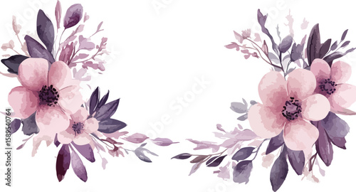 Watercolor floral frame with pink flowers and purple leaves on white background