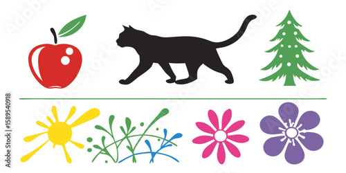 Collection of stylized nature elements including a cat apple tree sun plants and flowers isolated on transparent background