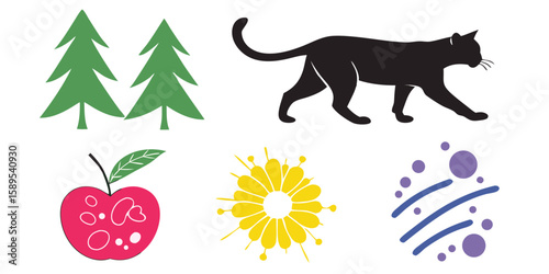 Collection of stylized graphic elements including trees a walking cat an apple a sunflower and abstract shapes isolated on transparent background