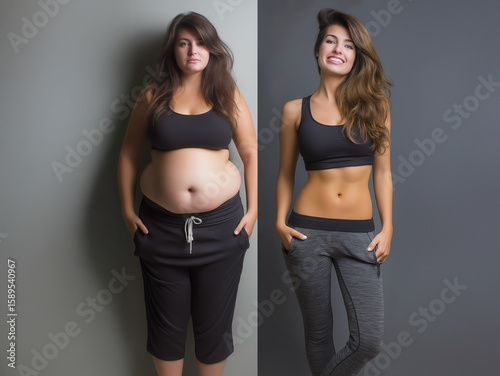 Beautiful brown-haired American woman in black sports top and yoga pants shows weight loss transformation in three full-body photos: obese, slimming, then toned. She faces the camera. 