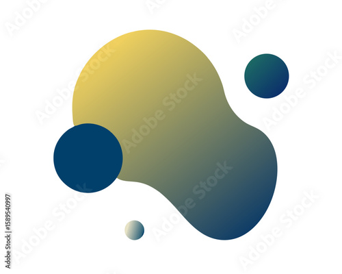 Abstract fluid shape with gradient colors and small spheres isolated on transparent background