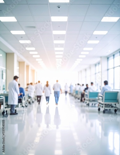 Defocused image of hospital, with lots of people inside, doctors and patients.