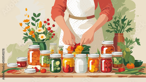 Woman preparing vegetables for canning on a table with jars and fresh flowers in a cozy kitchen