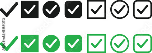 Checkmark Icon Set – Black and Green Silhouettes in Circular, Square, and Standalone Variants for Task Completion and Approval Graphics on White Background