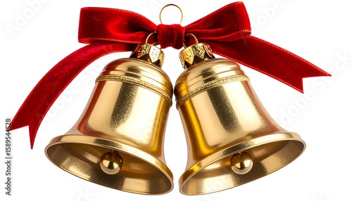 Christmas gold bells with red ribbon
