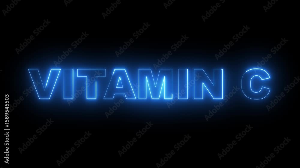 glowing neon vitamin c text animation on black background. Vitamin c benefits sources foods uses dosage health immune system skin.