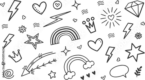 Sketch line arrow element, star, heart shape. Hand drawn doodle sketch style circle, cloud speech bubble grunge element set. a seamless collection of hand-drawn doodle elements in black on a white 