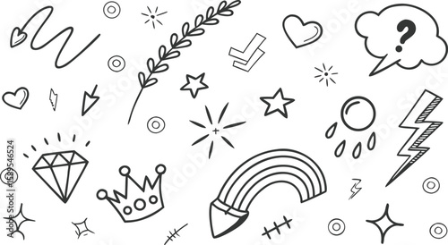 Sketch line arrow element, star, heart shape. Hand drawn doodle sketch style circle, cloud speech bubble grunge element set. a seamless collection of hand-drawn doodle elements in black on a white 
