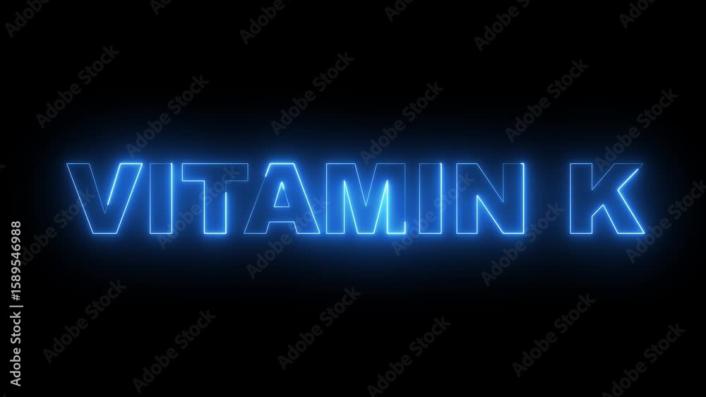 glowing neon vitamin k text animation on black background. Vitamin k benefits sources foods uses dosage health immune system skin. glowing neon vitamin k text animation on black background. Vitamin k benefits sources foods uses dosage health immune system skin.