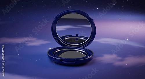Elegant blue compact mirror open against a dreamy night sky with shimmering stars