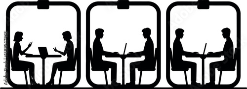 Three pairs of people working on laptops in separate cubicles or pods silhouette business