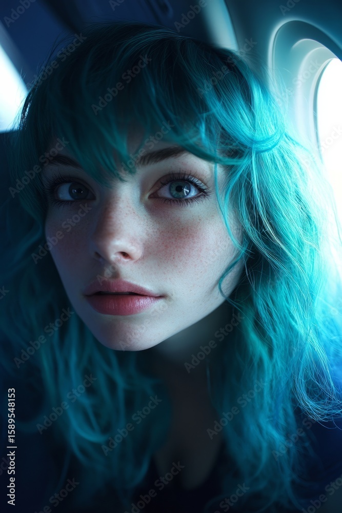 Fototapeta premium Young woman with vibrant teal hair gazes thoughtfully, illuminated by natural light, showcasing her expressive features and unique style in a serene atmosphere