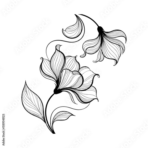 Elegant black floral illustration with delicate petals and flowing lines black and white