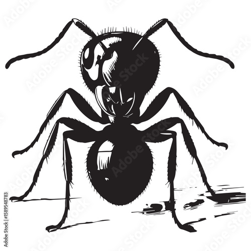 A striking black and white silhouette of a large ant with detailed legs and antennae isolated on a white background