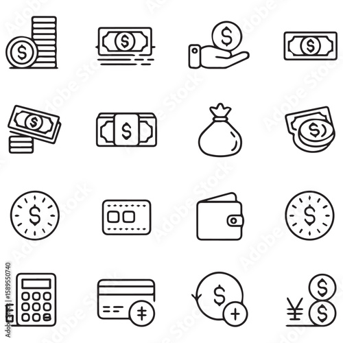 Collection of simple line art icons representing various financial concepts including money coins credit cards and calculators on a white background