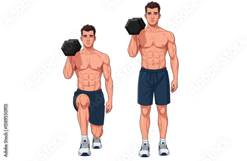 Man in two phases of the dumbbell lunge exercise. Leg strength training. Two-step illustration of a fitness man doing a lunge with weights.