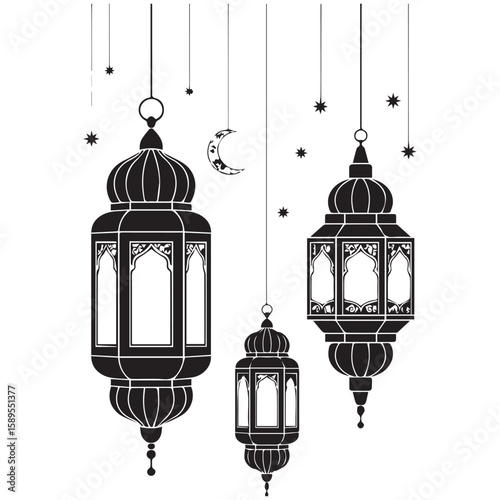 Decorative islamic lanterns and crescent moon with stars hanging against a white background symbolizing ramadan and eid celebrations