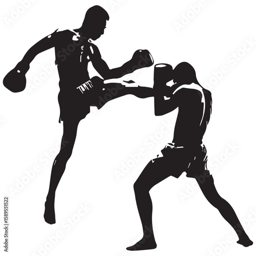 Dynamic silhouette of two muay thai fighters engaged in a fierce kickboxing match with one delivering a powerful roundhouse kick