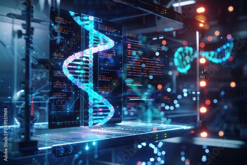 AI analyzes DNA on holographic screen in futuristic high-tech laboratory