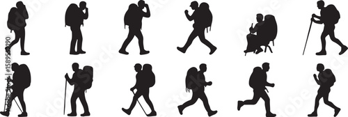 Silhouettes of hikers carrying backpacks and using walking sticks set, bundle, vector, isolated on white background, cutout, png, clipping path, transparent, image, download, 2025,2026