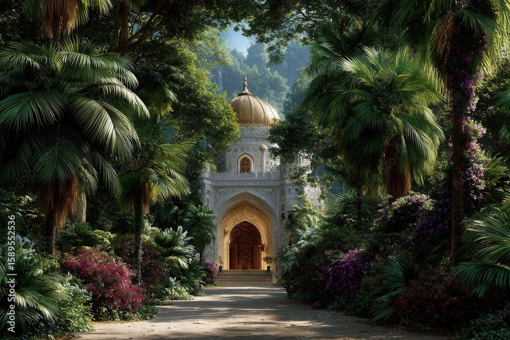 Fototapeta premium Tranquil garden path leads to an elegant palace, surrounded by lush foliage and sunlit trees, offering a serene escape.