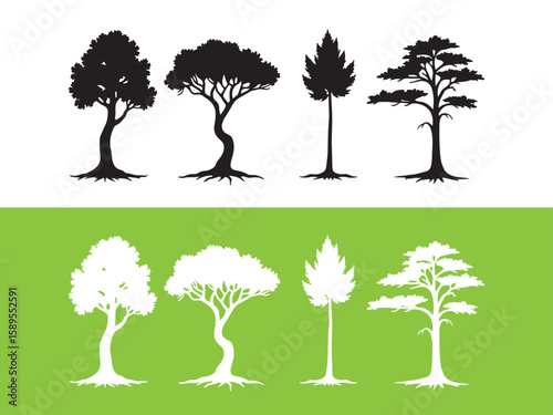 Four Silhouettes of Trees with Visible Roots on White and Green Backgrounds