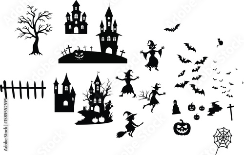 Halloween silhouettes of haunted houses witches bats pumpkins and a tree