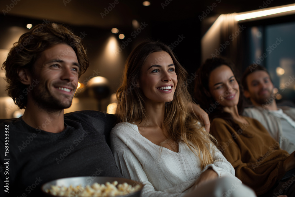 Group of friends enjoying a cozy movie night together with popcorn and smiles in a comfortable living room setting Group of friends enjoying a cozy movie night together with popcorn and smiles in a comfortable living room setting