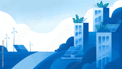 Eco-Futurism cityscape where buildings are covered in greenery and powered by renewable energy