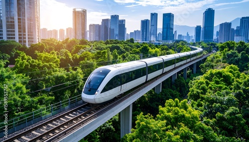 Modern city train glides through park-lined urban landscape