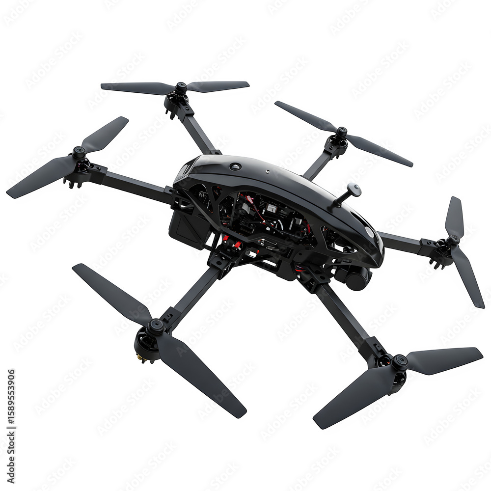 Sophisticated drone with LED lights isolated on white background. Modern professional quadcopter for aerial photography and technology concepts. Sophisticated drone with LED lights isolated on white background. Modern professional quadcopter for aerial photography and technology concepts.