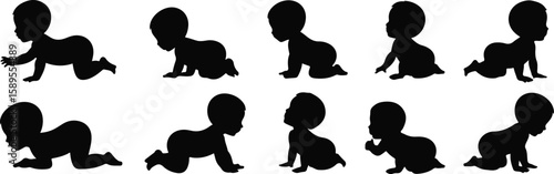 Black silhouettes of babies crawling in various poses baby infant set, bundle, vector, isolated on white background, cutout, png, clipping path, transparent, image, download, 2025,2026