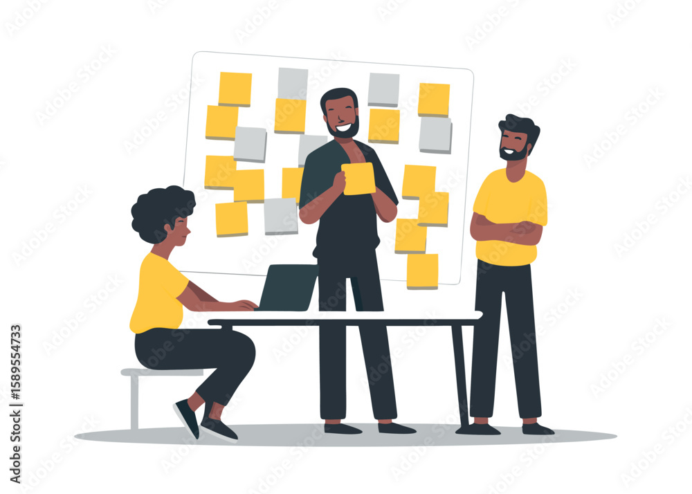 Fototapeta premium Agile Teamwork Illustration Collaboration Brainstorming and Project Planning Meeting with Yellow Stickies for Business
