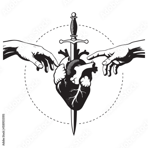 Symbolic black and white illustration of a human heart pierced by a sword with two hands reaching out from the sides