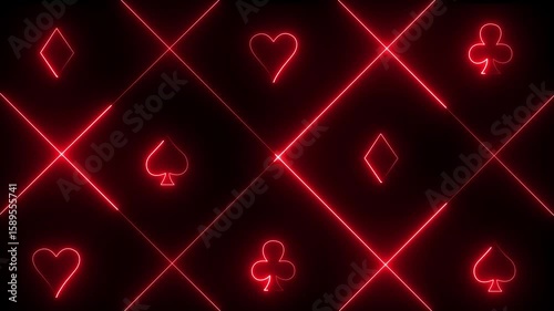 neon spade suit or symbol of playing card, 4k gambling animation. Neon playing cards glowing on black background. Abstract animation background. Concept of online casino and bet. 
