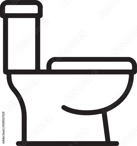 Black line art icon of a toilet bowl and tank on white background lavatory bathroom