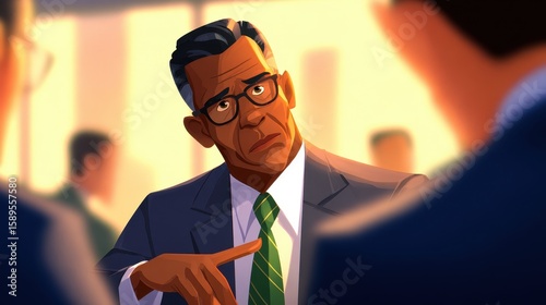 Business meeting with a focused man in glasses discussing strategy amidst blurred colleagues