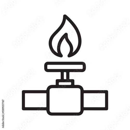 Black outline icon of a gas valve with a flame fire energy