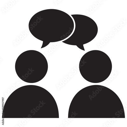 Two abstract black figures facing each other with black speech bubbles above their heads symbolizing communication and discussion