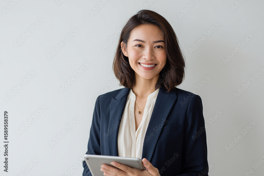 Confident young Asian businesswoman in professional attire holding a digital tablet and smiling at the camera Confident young Asian businesswoman in professional attire holding a digital tablet and smiling at the camera